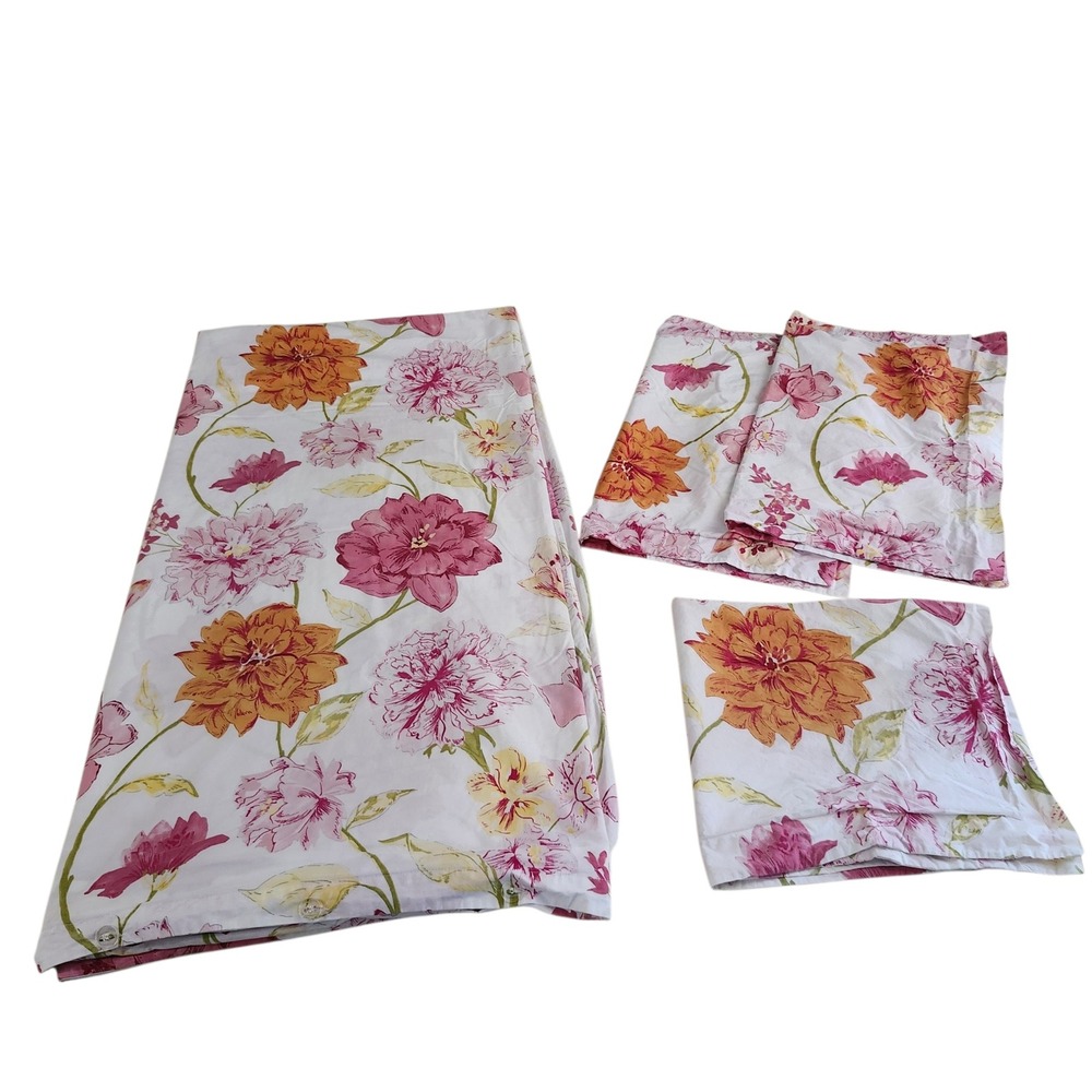 Pottery Barn Duvet Cover Set Full/Queen Pink Orange Floral‎ Botanical 4pc Cotton